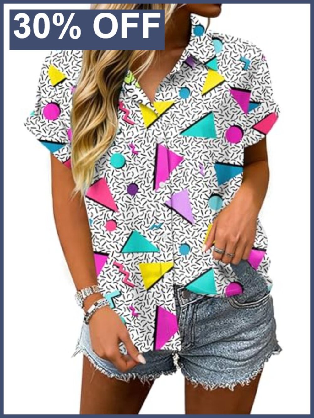 80s Disco Theme Hawaiian Button Up Shirt for Women Polyester Blend Short Sleeve